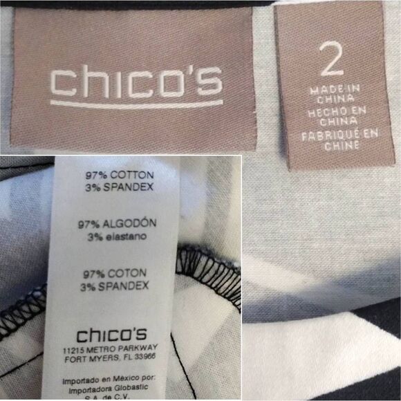 Chico's Black White Geo Print Open Front Quarter Sleeve Cotton Stretch Jacket L - Picture 11 of 13